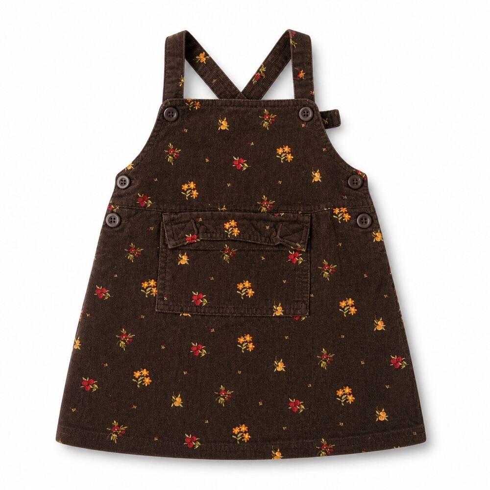 1999 Vintage Gymboree Girl Rainbow Tag Brown Floral Corduroy Overall Dress 2-3T